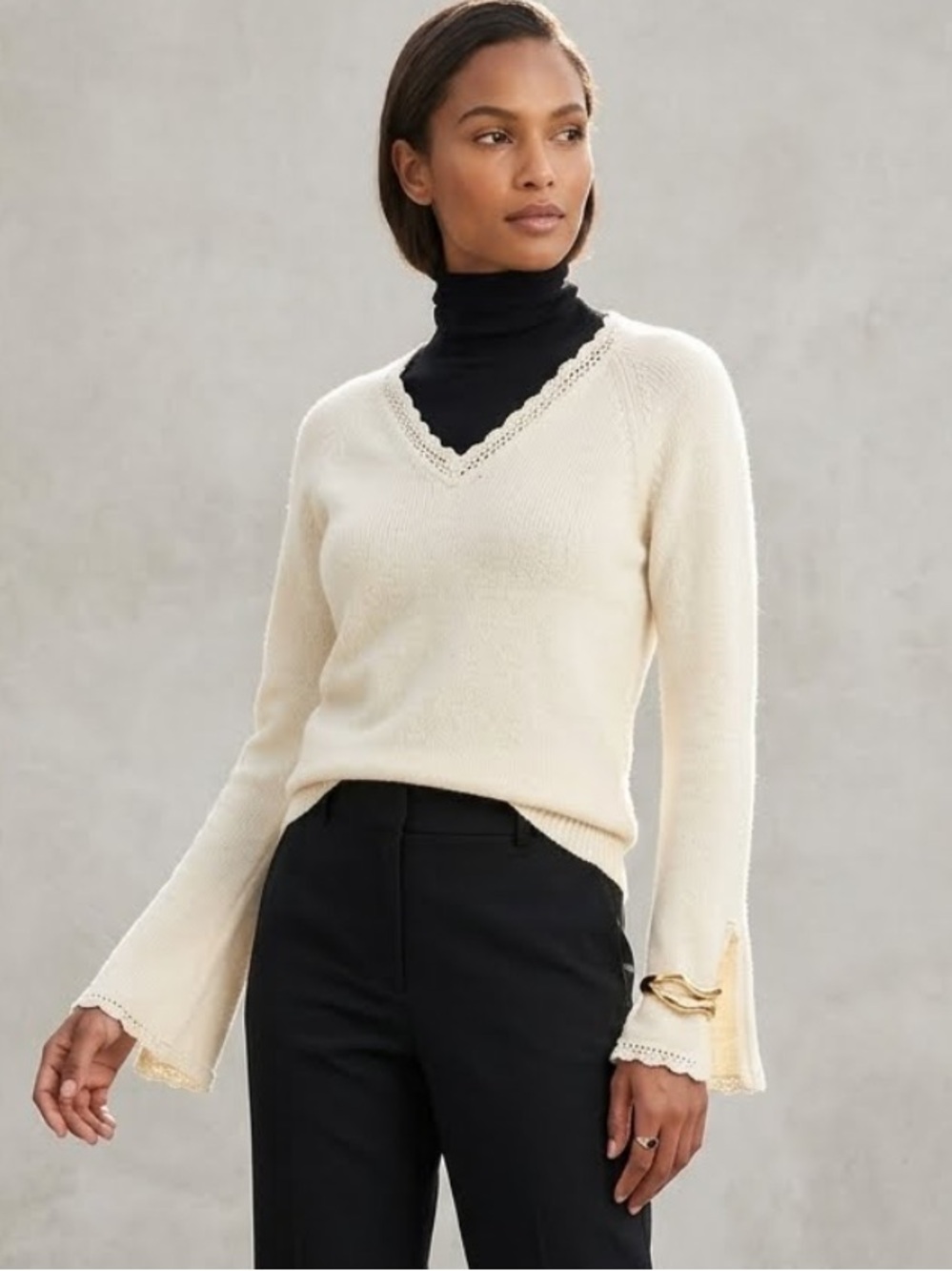 Crochet Wool Knit Pullover Sweater V Neck Bell Sleeve Cottagecore Boho Shabby M